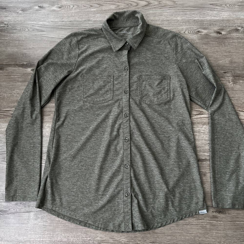Eddie Bauer Button Up Shirt Womens M Green Regular Fit Hiking Travel